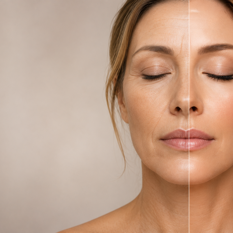 Woman face divided between loss of collagen and having radiant skin on the other side